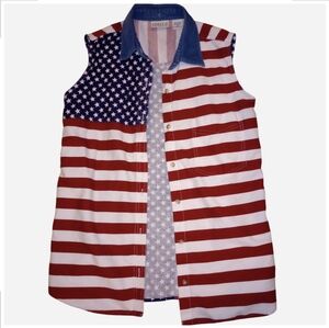 Vintage Quizz Again 100% Cotton Denim American Flag Sleeveless Shirt Size Medium
